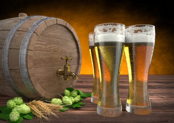 Três copos de cerveja com barril, cevada e lúpulo. Renderização 3D — Fotografia de Stock