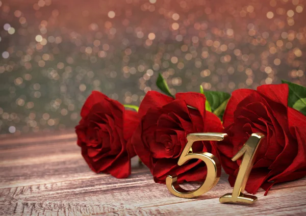 Concepto de cumpleaños con rosas rojas en escritorio de madera. Cincuenta y uno. 51. Renderizado 3D —  Fotos de Stock