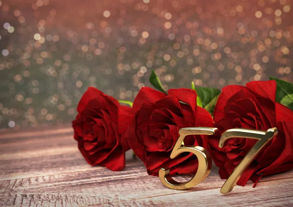 Γενέθλια ιδέα με κόκκινα τριαντάφυλλα πάνω στο ξύλινο γραφείο. πενήντα-έβδομη. 57η. 3d καθιστούν — Φωτογραφία Αρχείου