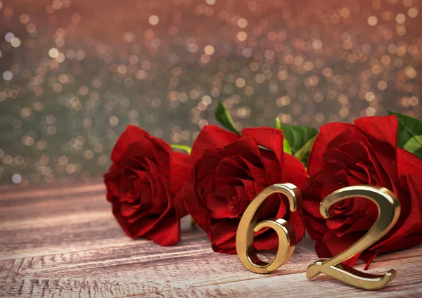 Concept d'anniversaire avec des roses rouges sur bureau en bois. Soixante secondes. 62e. rendu 3D — Photo