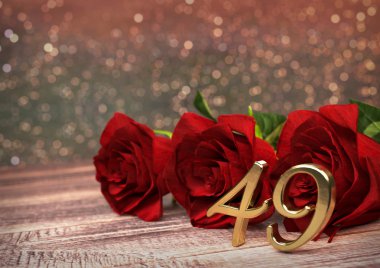 ahşap masa üzerinde kırmızı Güllü doğum günü kavramı. Kırk-Ondokuz. 39. 3d render