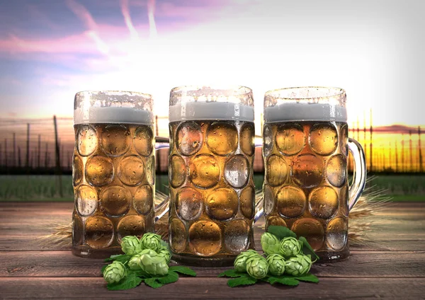 Três copos oktoberfest de cerveja com cevada e lúpulo renderizar 3D — Fotografia de Stock