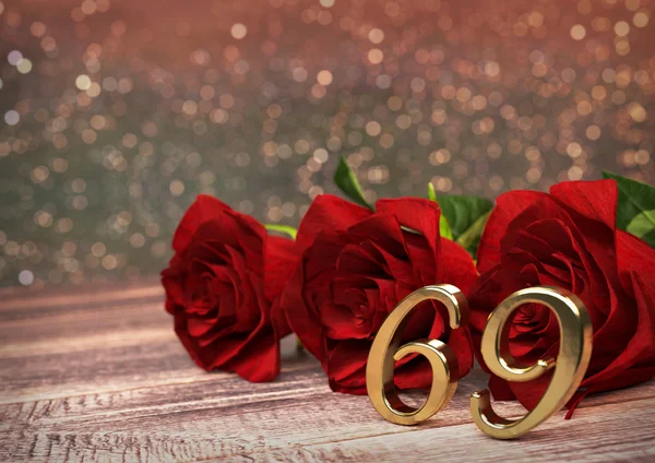 Conceito de aniversário com rosas vermelhas na mesa de madeira. Sessenta e nove. 69. Renderização 3D — Fotografia de Stock