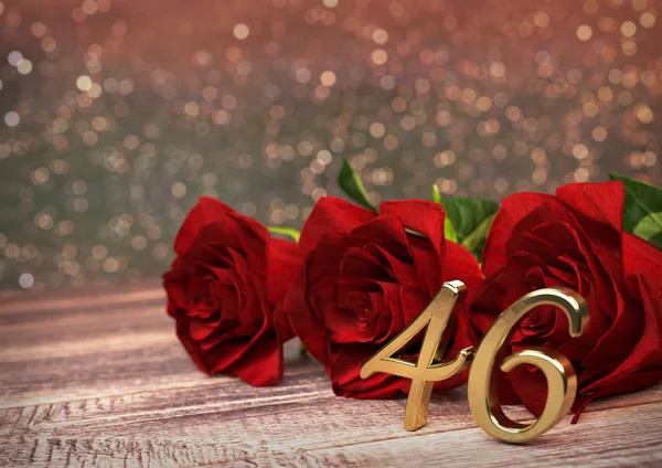 Conceito de aniversário com rosas vermelhas na mesa de madeira. Quarenta e seis. Rua 46. Renderização 3D — Fotografia de Stock