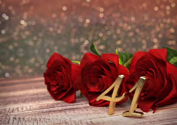 Concept d'anniversaire avec des roses rouges sur bureau en bois. Quarante et unième. 41e. rendu 3D — Photo