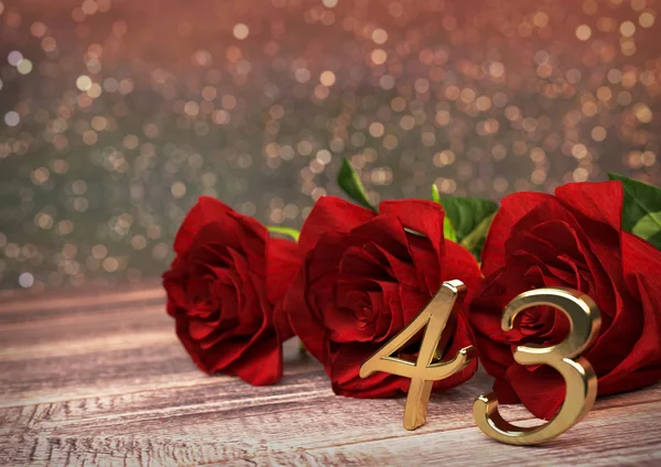 Conceito de aniversário com rosas vermelhas na mesa de madeira. Quarenta e três. 43. Renderização 3D — Fotografia de Stock
