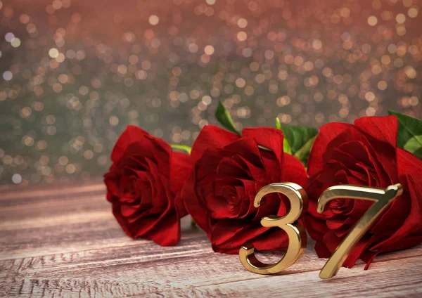 Concetto di compleanno con rose rosse sulla scrivania in legno. Trentasette. 37esima. Rendering 3D — Foto Stock