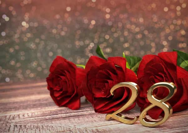 День рождения с красными розами на деревянном столе. двадцать восьмая. 28-е. 3D рендеринг — стоковое фото