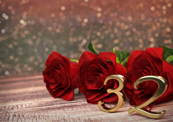 День рождения с красными розами на деревянном столе. 30 секунд. 32-й. 3D рендеринг — стоковое фото
