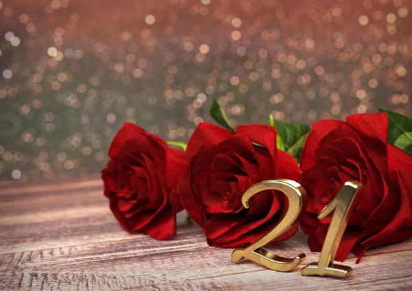 День рождения с красными розами на деревянном столе. двадцать первый. 21-й. 3D рендеринг — стоковое фото