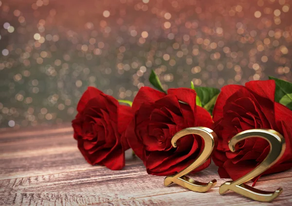 День рождения с красными розами на деревянном столе. 22 секунды. 22-е. 3D рендеринг — стоковое фото