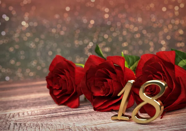 Verjaardag concept met rode rozen op houten bureau. achttiende. 18. 3d render — Stockfoto
