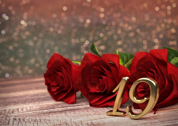 Concetto di compleanno con rose rosse sulla scrivania in legno. Diciannovesimo. Diciannove. Rendering 3D — Foto Stock