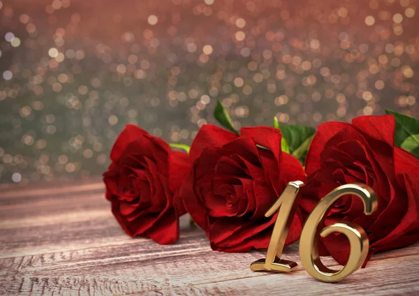 Conceito de aniversário com rosas vermelhas na mesa de madeira. Décimo sexto. 16. Renderização 3D — Fotografia de Stock