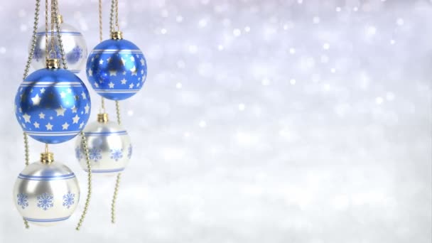 Blaue und silberne Weihnachtskugeln hängen auf Bokeh-Hintergrund. nahtlose Schleife. 3D-Darstellung