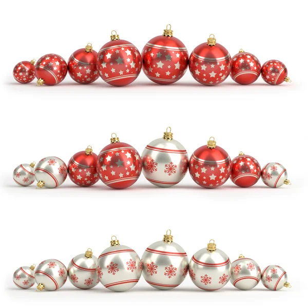 Coleção de bolas de Natal vermelho e prata. Branco isolado. Renderização 3D — Fotografia de Stock