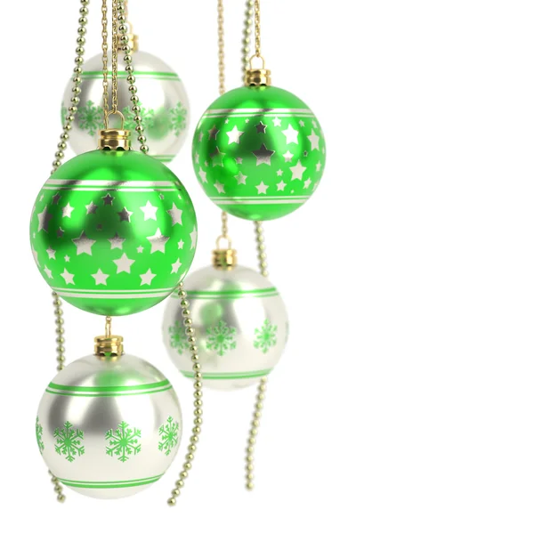 Bulbos de Natal verde brilhante isolado no fundo branco. Renderização 3D — Fotografia de Stock