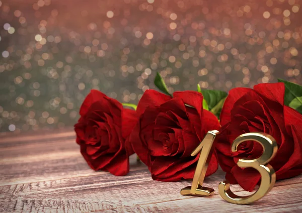 Conceito de aniversário com rosas vermelhas na mesa de madeira. Décimo terceiro. 13. Renderização 3D — Fotografia de Stock