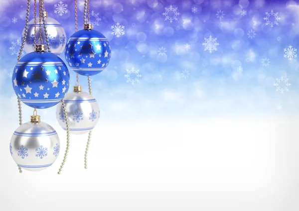 Blue and silver christmas balls hanging on bokeh background. 3D render — Stock Photo, Image