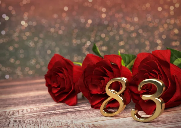 Concepto de cumpleaños con rosas rojas en escritorio de madera. Ochenta y tres. 83. Renderizado 3D —  Fotos de Stock