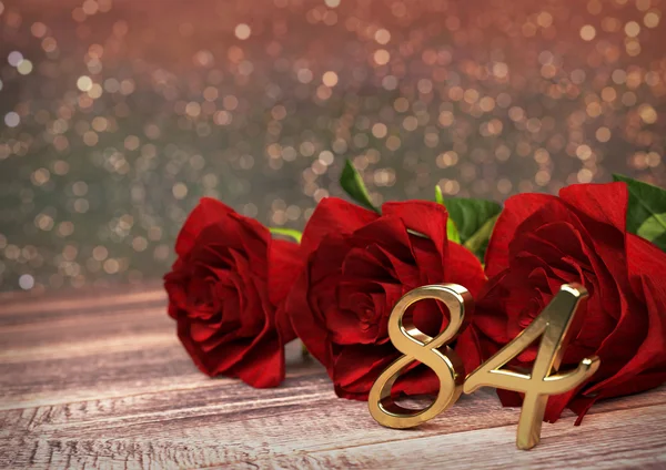 Concetto di compleanno con rose rosse sulla scrivania in legno. ottantaquattro. 84esima. Rendering 3D — Foto Stock