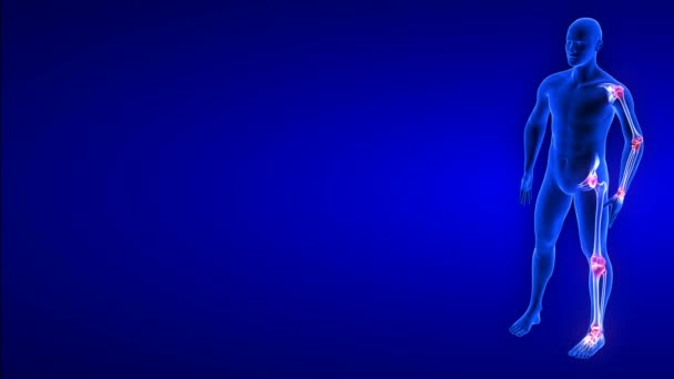 Animação da dor conjunta a partir da vista lateral. Blue Human Anatomy Body 3D Scan render - loop sem costura rotativa no fundo azul — Vídeo de Stock