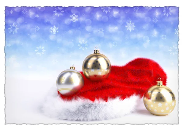 Kerstballen met kerstman rode hoed op bokeh achtergrond. 3D illustratie — Stockfoto