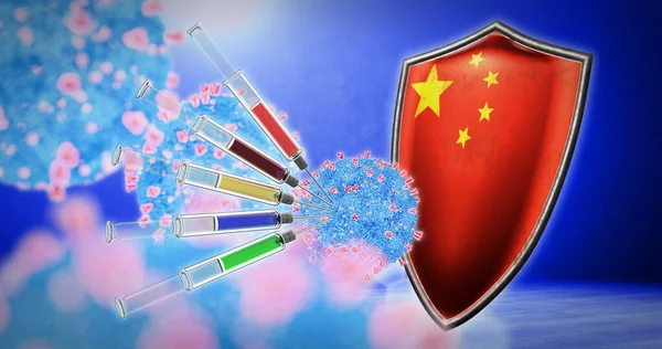 Çin 'de koronavirüs aşısı - 3D canlandırma — Stok fotoğraf