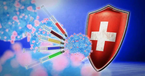 İsviçre 'de koronavirüs aşısı - 3D görüntüleme — Stok fotoğraf