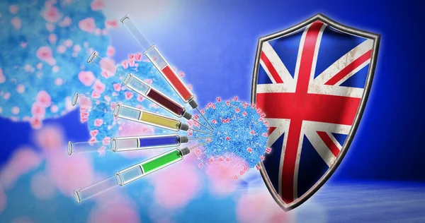 Coronavirusvaccinatie in het Verenigd Koninkrijk - 3D render — Stockfoto