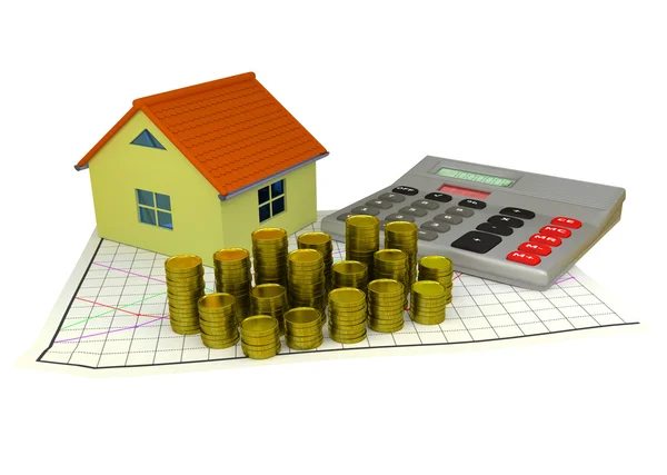 3D model of small house, golden coins, graph and calculator — Stock Photo, Image