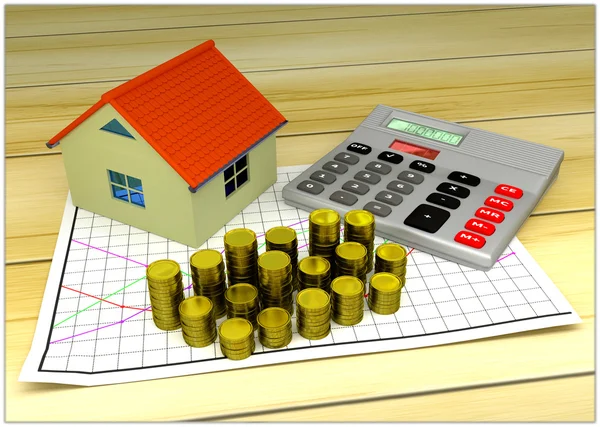 Model of small house, golden coins, graph and calculator — Stock Photo, Image