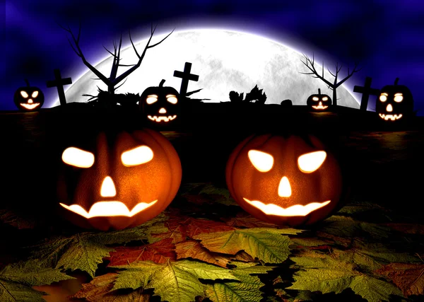 Жуткий Хэллоуин с тыквами на кладбище — стоковое фото