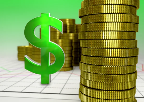 Zlaté mince a zelený symbol dolaru — Stock fotografie