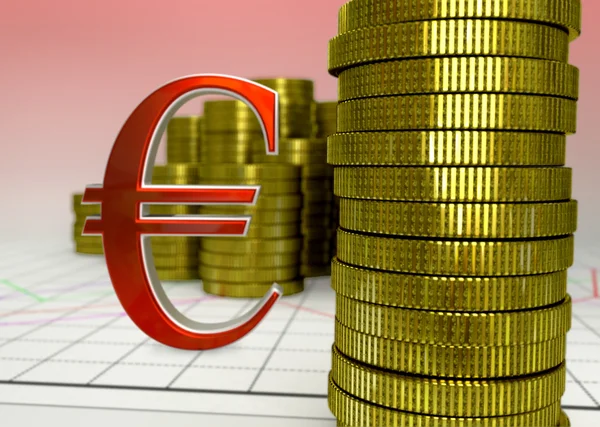 Goldmünzen und rotes Euro-Symbol — Stockfoto