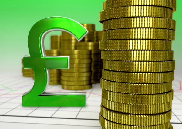 Goldmünzen und grünes Pfund-Symbol — Stockfoto