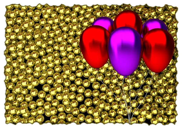 Vörös és lila születésnapi léggömbök fényes arany speres a háttérben — Stock Fotó