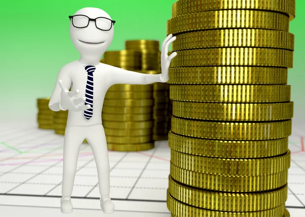 White human character with a stack of coins — Stock Photo, Image
