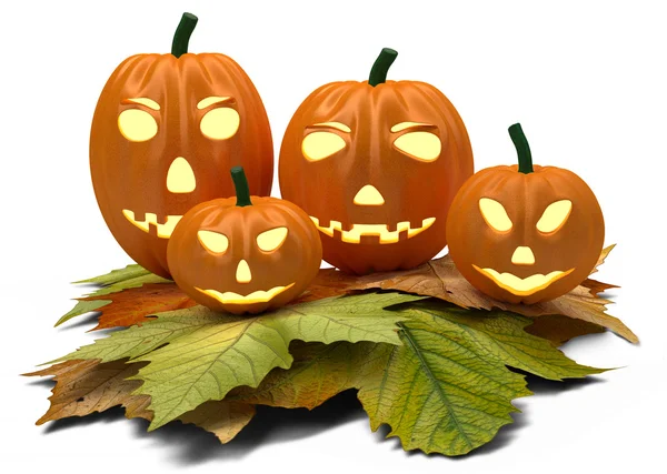 Halloween pumpkins with fall leaves isolated on white — Stock Photo, Image