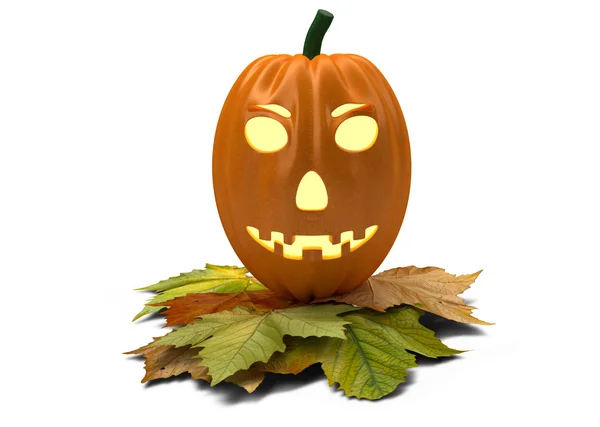 Halloween pumpkin with fallen leaves isolated on white — Stock Photo, Image