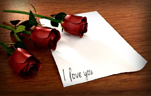 Miłość wiadomość z rocznika papieru i trzy róże — Zdjęcie stockowe