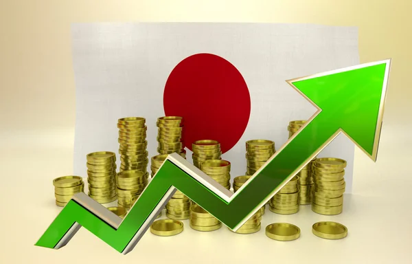 Goldmünzen und grünes Yen-Symbol — Stockfoto
