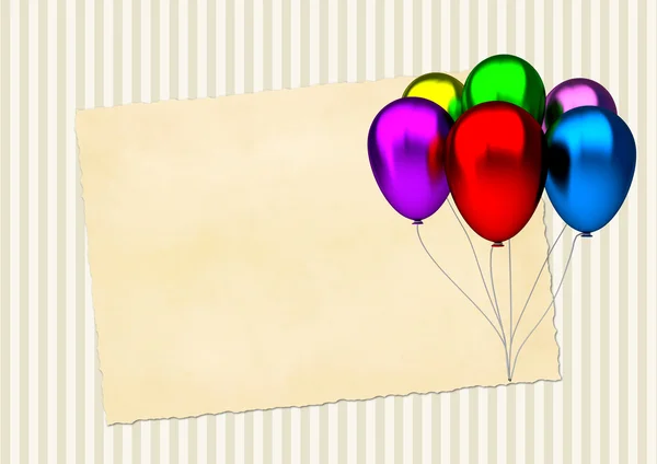 Cartão de aniversário com balões de festa coloridos e papel vintage em branco — Fotografia de Stock