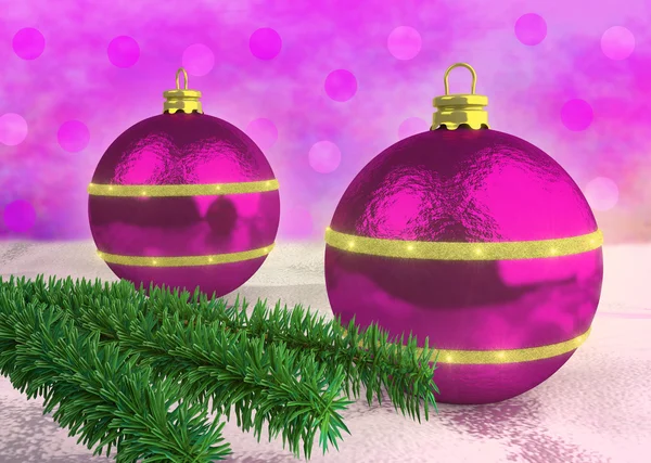 Фиолетовые рождественские шары, украшенные еловыми ветками — стоковое фото