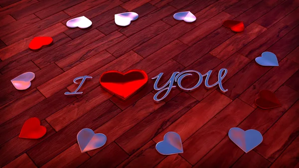 Seni seviyorum işareti ile ahşap zemin üzerinde parlak kalp şekilleri — Stok fotoğraf