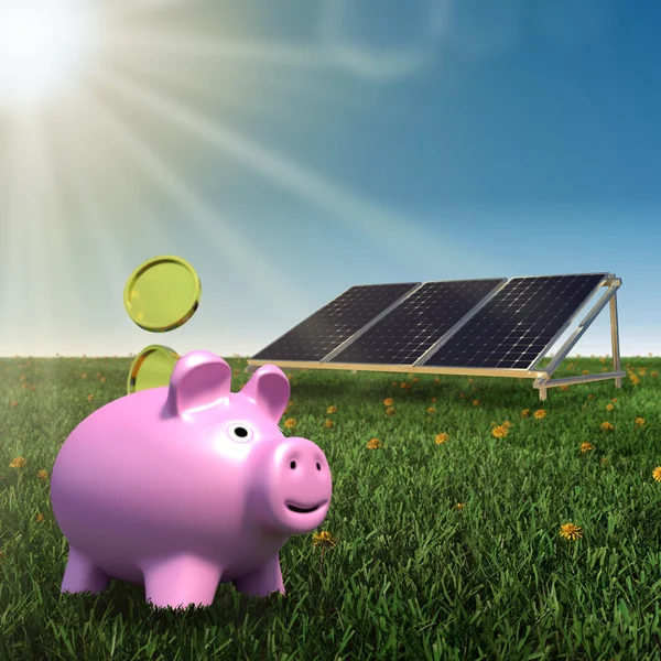 Ušetřit peníze - solární panel s prasátko — Stock fotografie