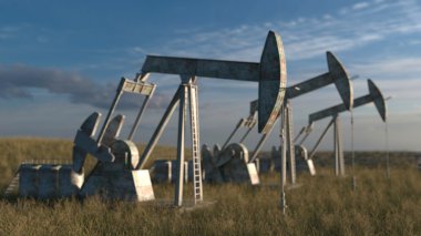 Petrol kuyuları - gökyüzü arka plan üzerinde yağ pompaları