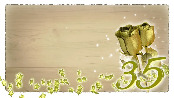 Conceito de aniversário com rosas douradas e partículas de estrela - 35o — Fotografia de Stock