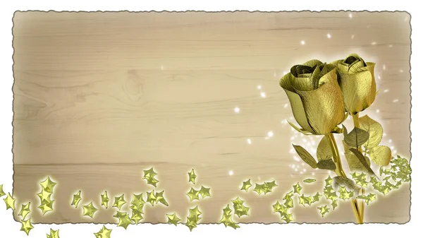 Carte d'anniversaire avec des roses dorées et des particules étoiles — Photo