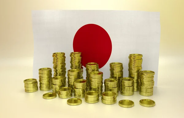 Golden coins and Japanese flag — Stock Photo, Image